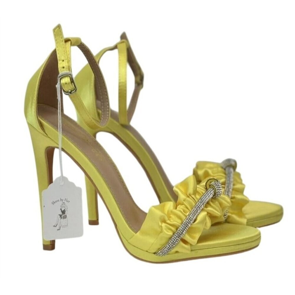 KATHY DIN / Chelsey-17 / Yellow Satin / Rhinestone / Ruffle / High Heeled Sandal - Picture 2 of 10